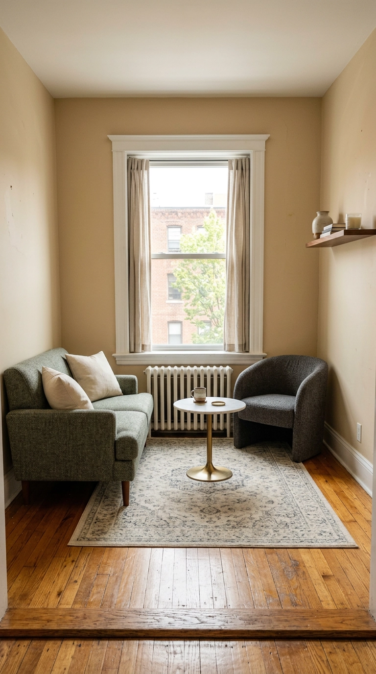 5x8 wool rug with sofa front legs on it in a small city apartment living room