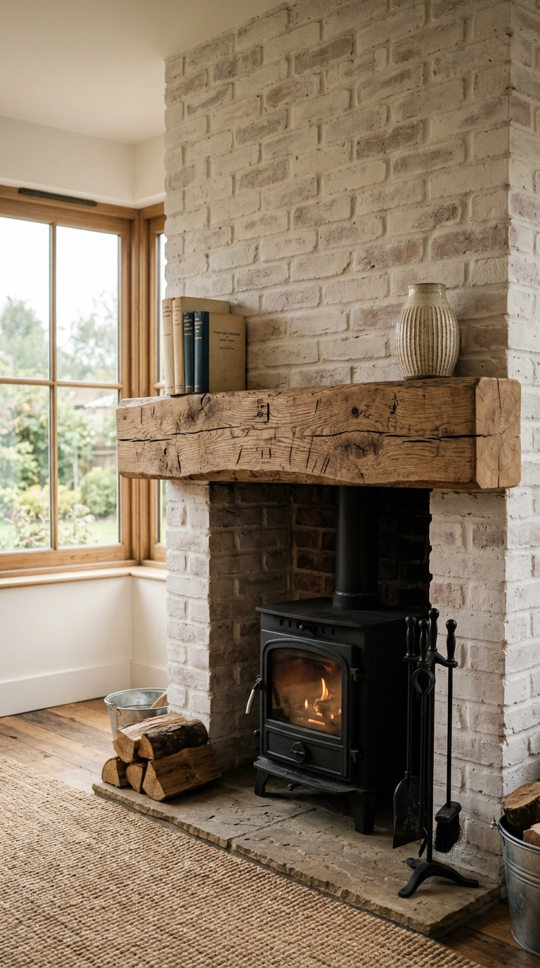 Reclaimed oak beam mantel above a black log burner on a whitewashed brick chimney breast