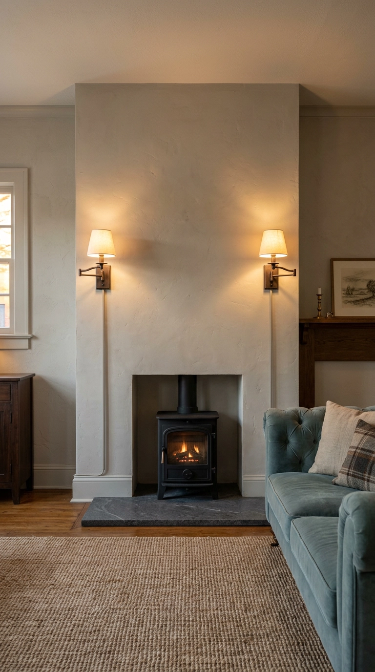Pair of bronze swing-arm sconces flanking a greige chimney breast with a squat black log burner