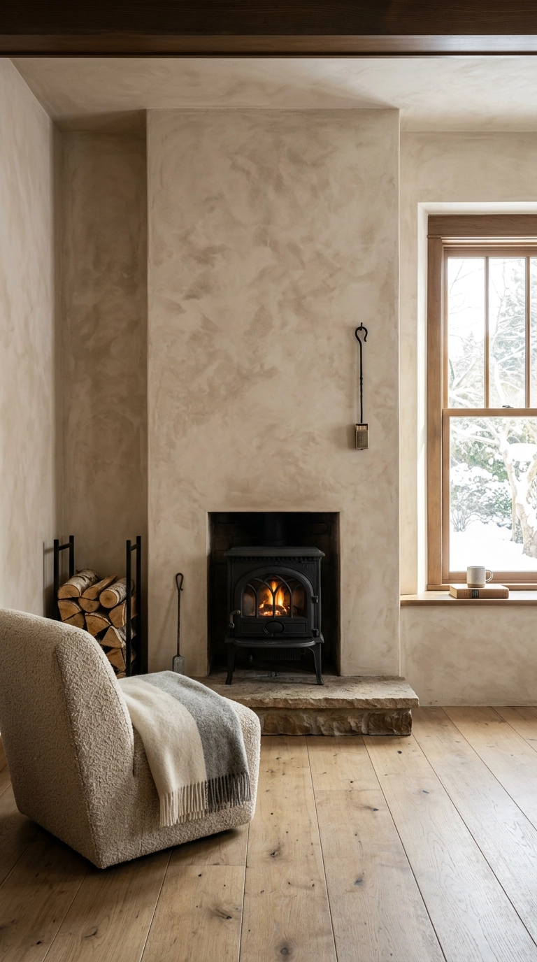 Black log burner against a full-height limewashed clay plaster chimney breast with birch logs stacked beside it