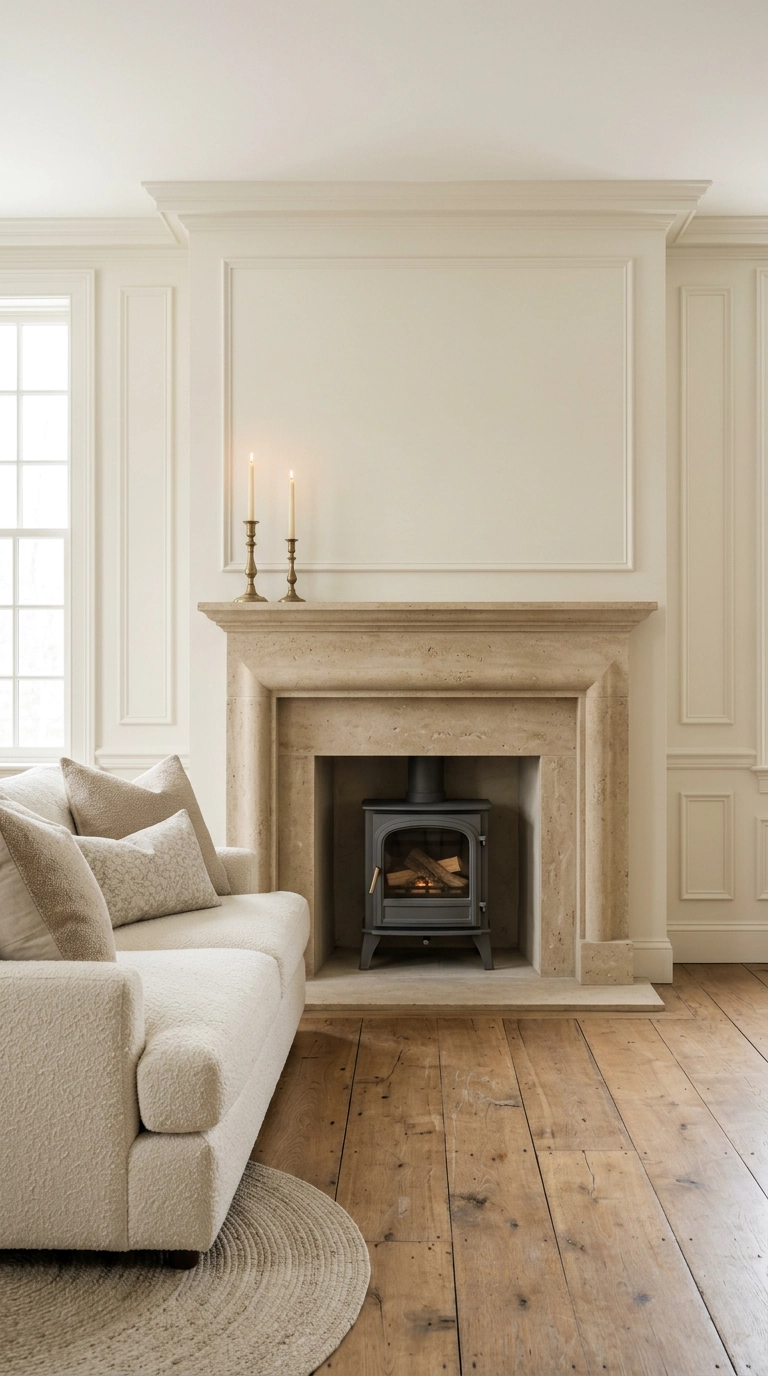 Honed limestone bolection surround framing a dark grey log burner in a formal living room