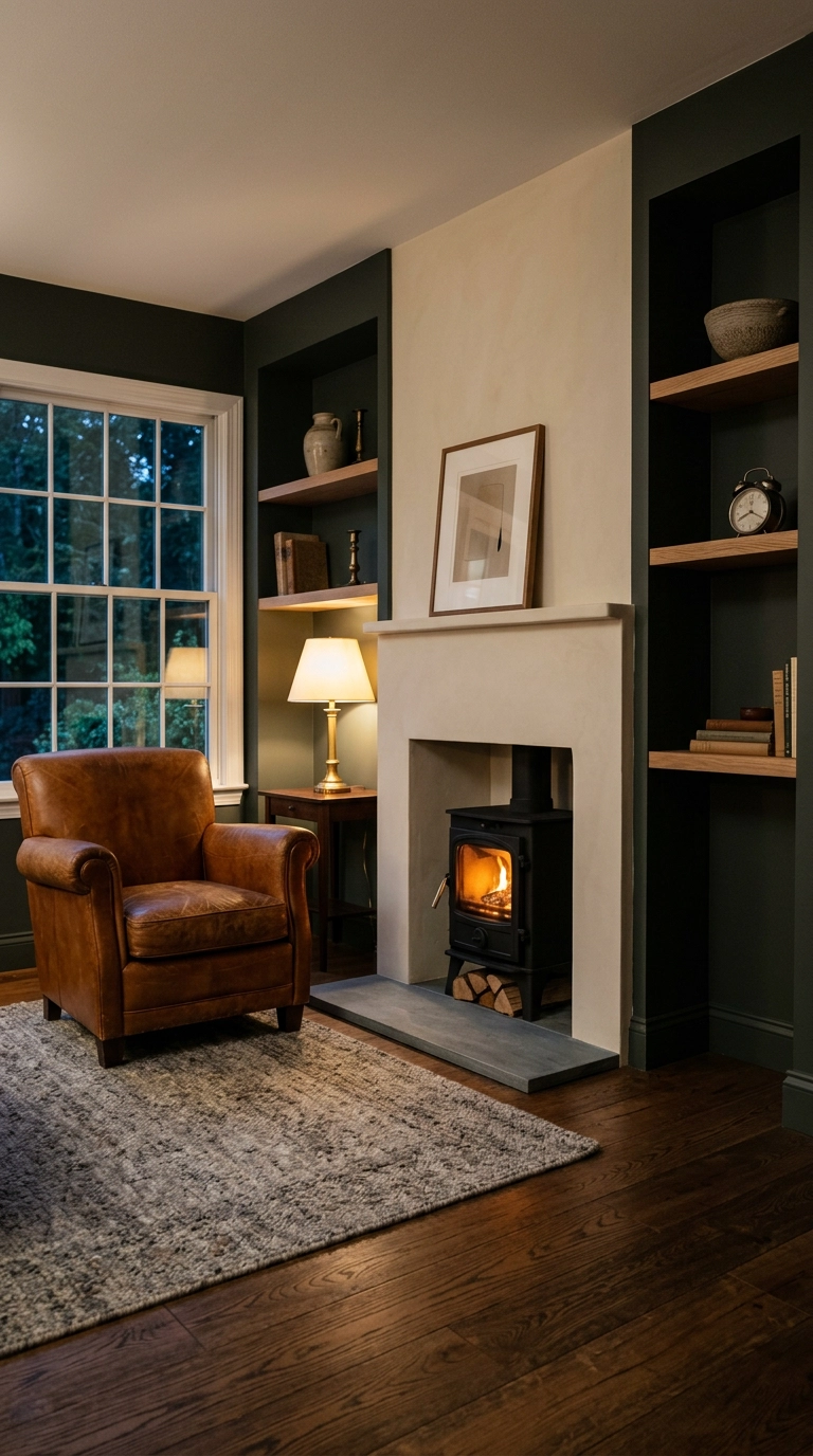Log burner flanked by symmetrical alcove shelving painted deep charcoal green with sparse oak shelves