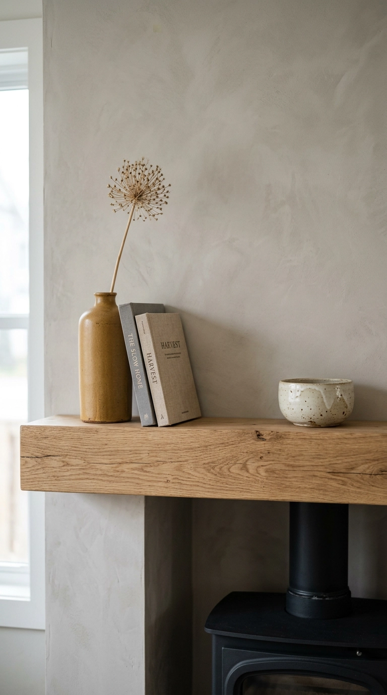 Oak mantel shelf styled with a ceramic vase, two books and a stoneware bowl with bare space between