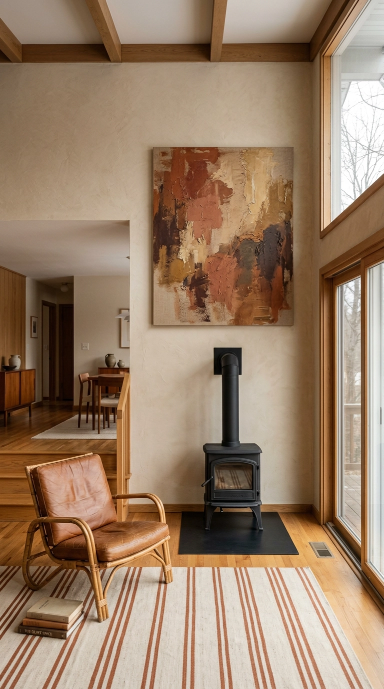 Large abstract canvas hung high above a black log burner with bare wall between them