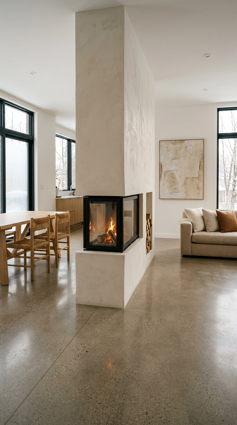 Double-sided log burner set into a half-height plaster partition between a dining and living area