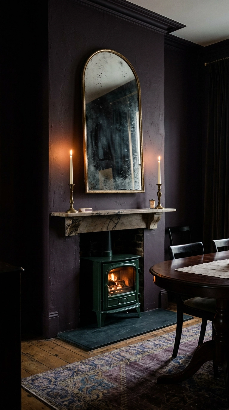 Foxed antique arched mirror leaning above a marble mantel with a dark green log burner below