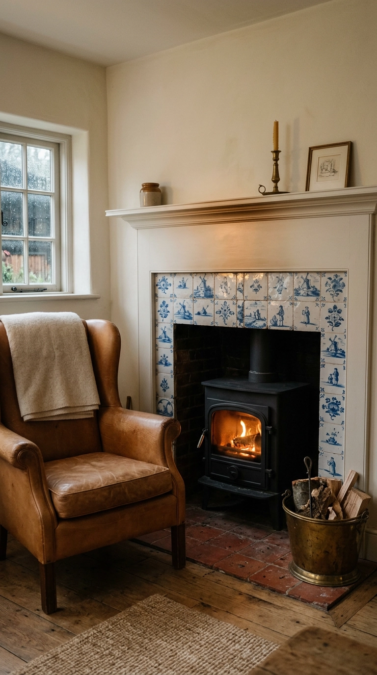 Blue and white delft tile surround framing a compact black log burner with a white mantel shelf