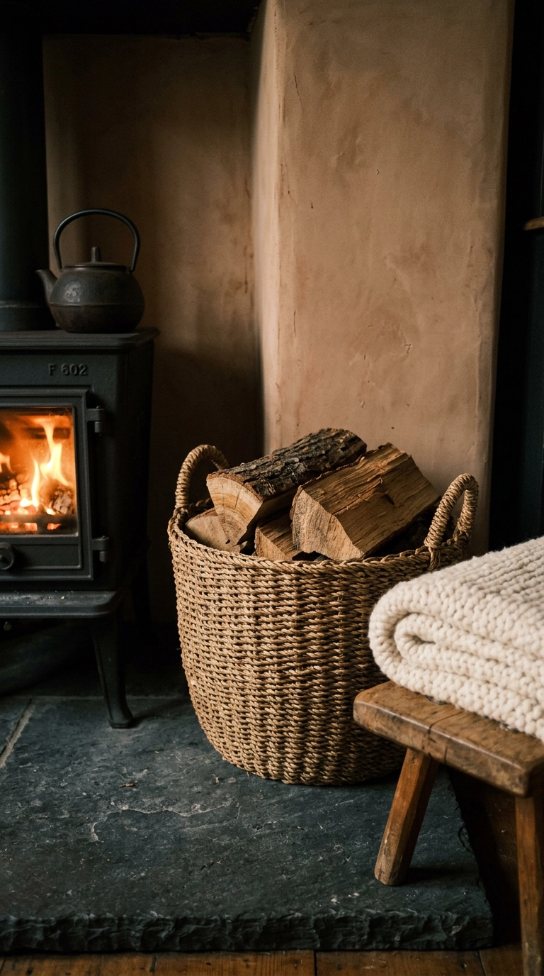Oversized seagrass basket of split oak logs on a deep charcoal slate hearth beside a bronze stove
