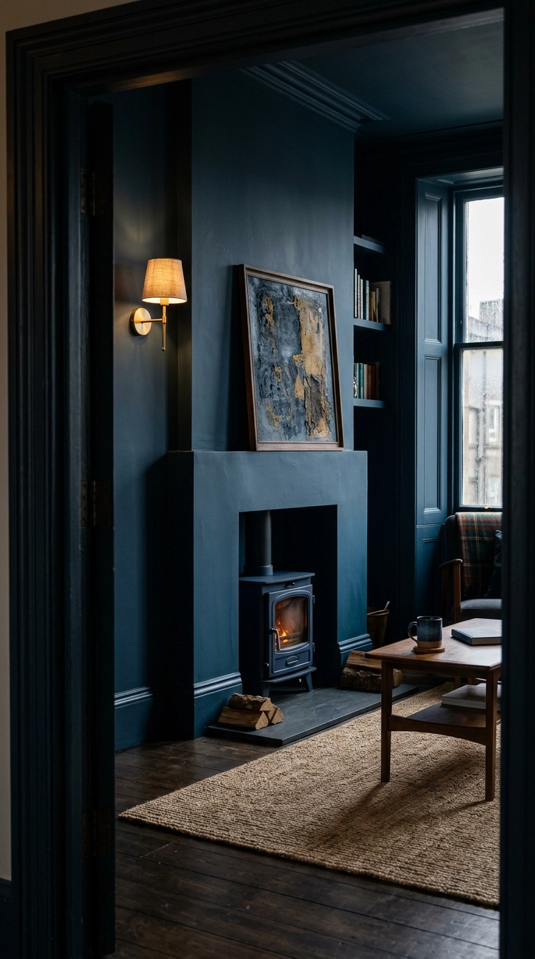 Small log burner set against an inky blue color drenched chimney wall with a brass sconce