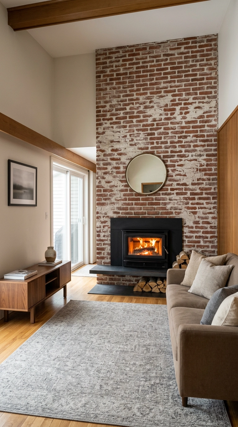 Red brick chimney breast softened with a white German schmear mortar wash above a black log burner