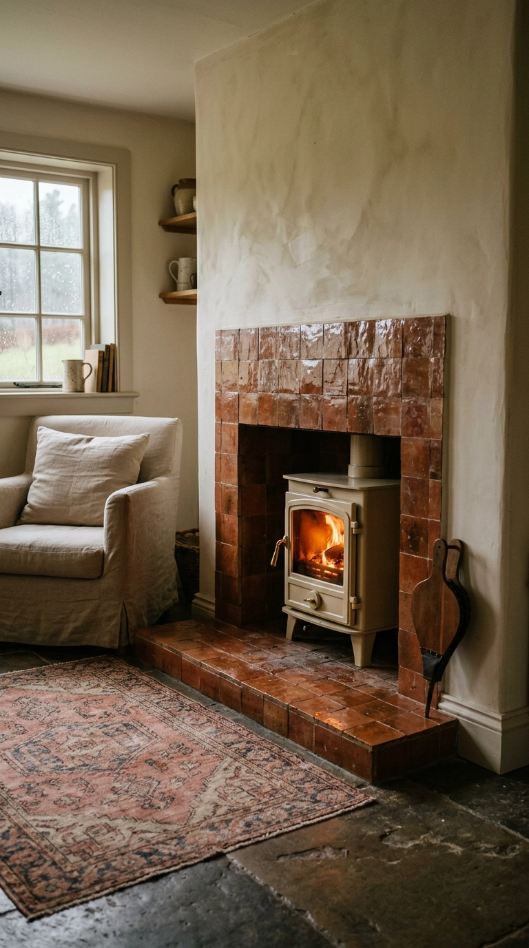 Cream enamel log burner on a wall-to-wall terracotta zellige tile hearth in a cottage living room