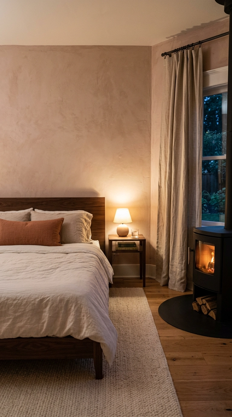 Small charcoal log burner in the corner of a clay-pink bedroom with a low walnut platform bed