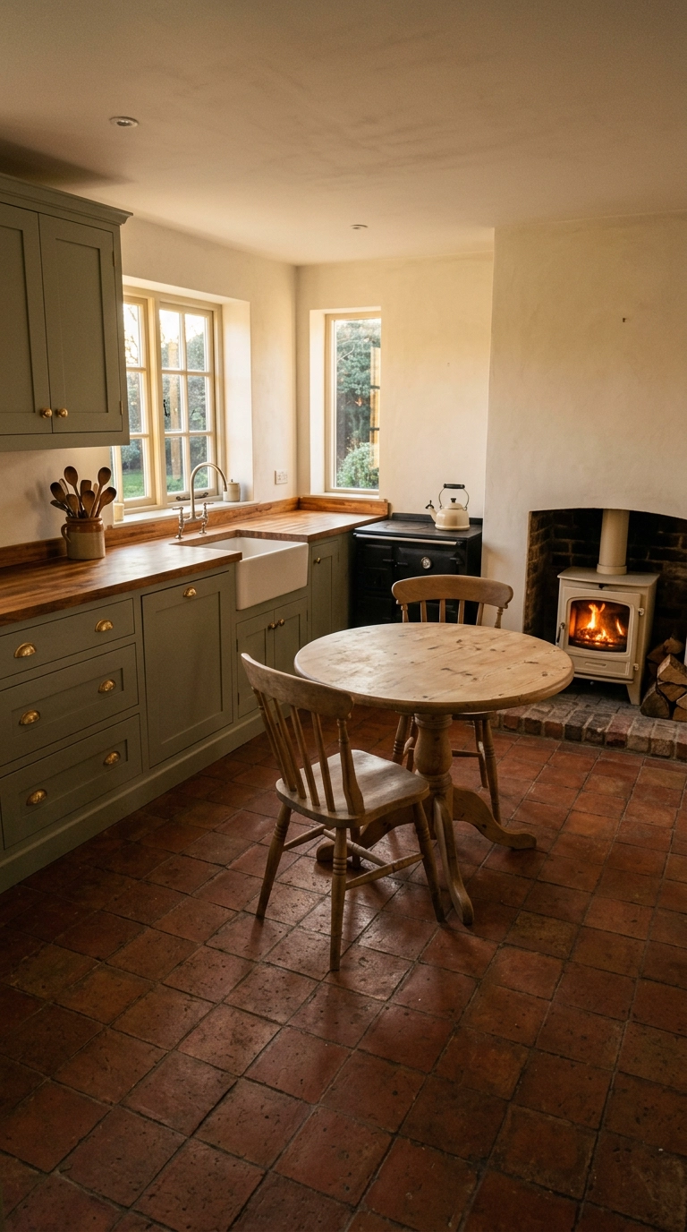 Cream log burner tucked into the corner of a sage green farmhouse kitchen with a brick hearth pad