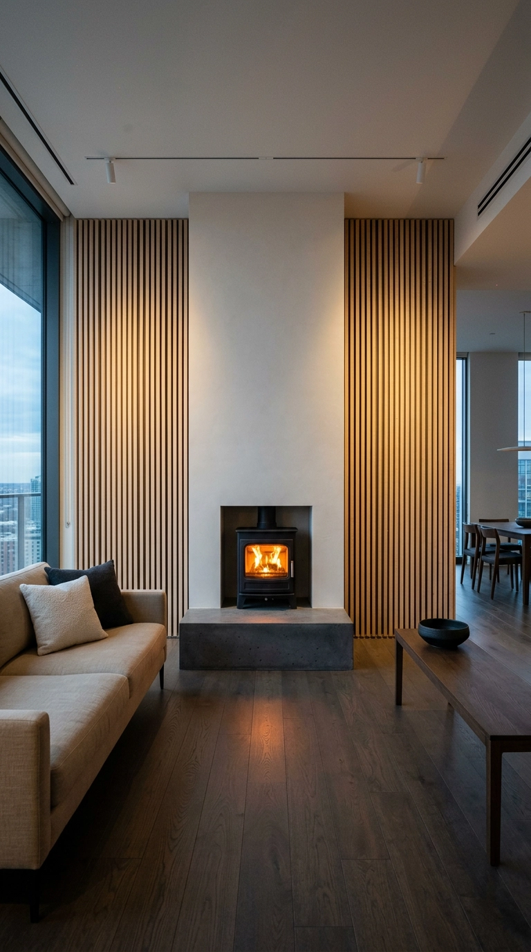 Vertical white ash slat paneling flanking a plaster chimney breast with a squat black log burner