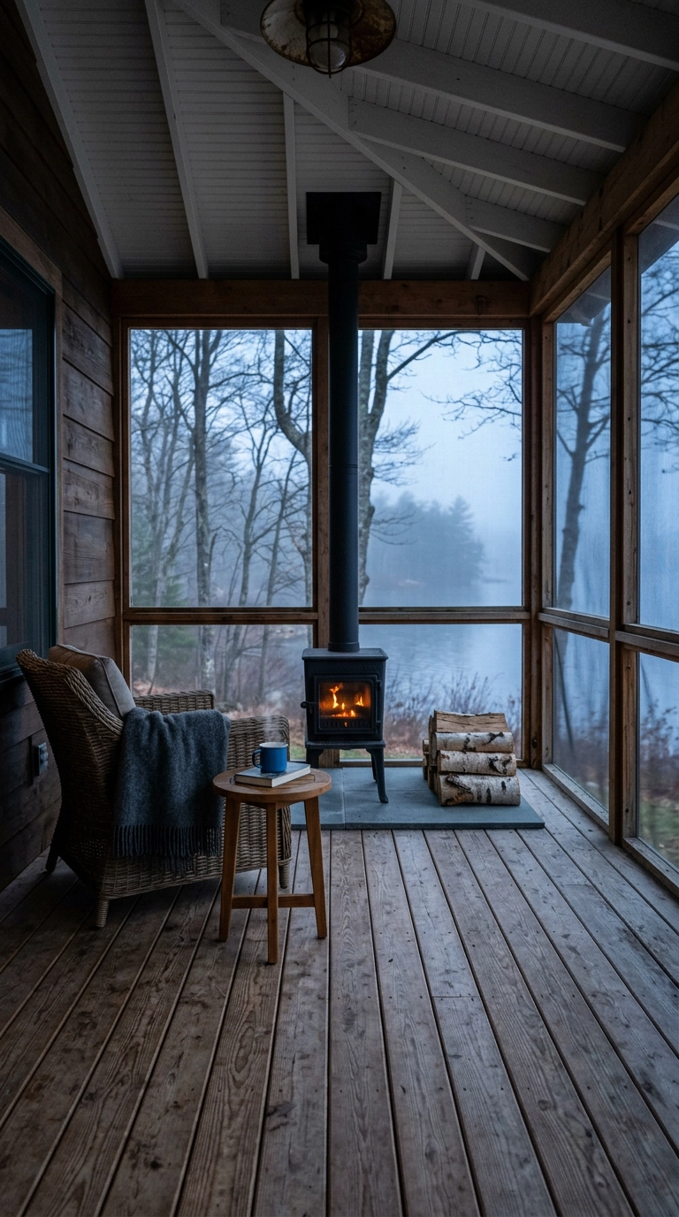 Black log burner on a bluestone pad in a screened porch with a wicker chair and wool blanket
