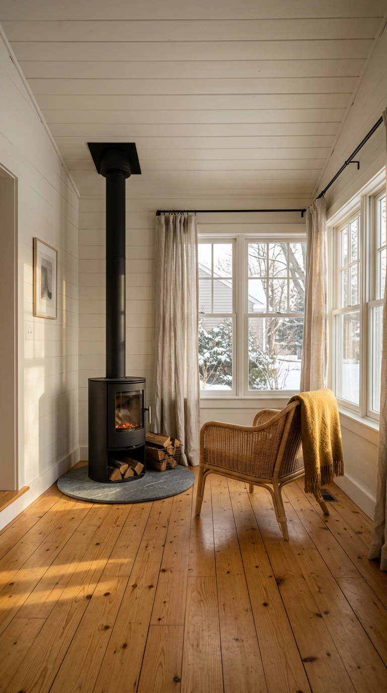 Freestanding cylindrical log burner with a tall exposed black flue pipe in a bright sunroom