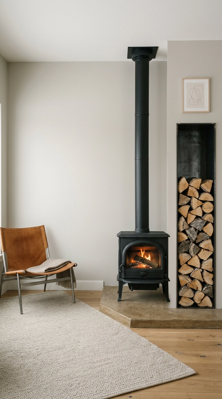 Recessed steel-lined log storage niche stacked with split ash logs beside a black log burner