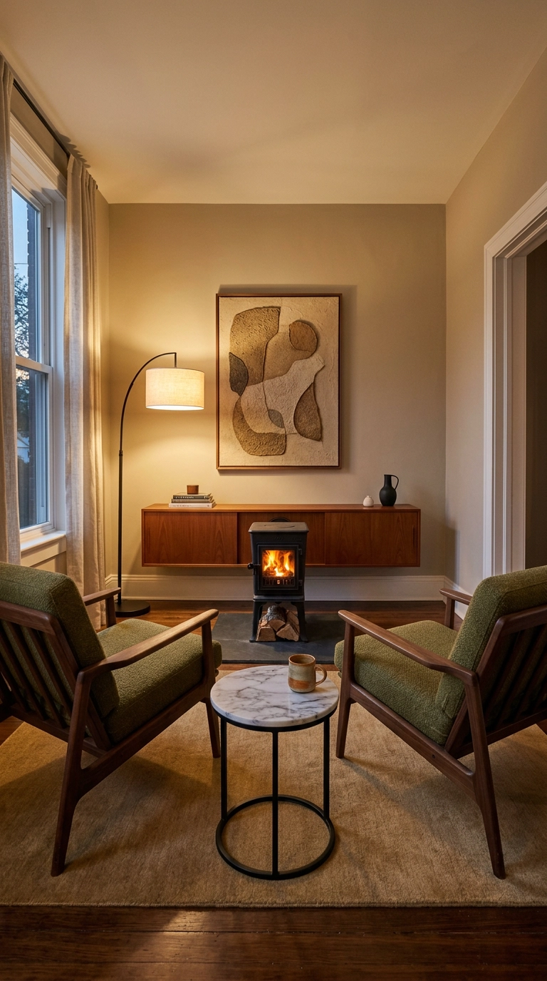 Two olive green mid-century lounge chairs facing each other with a black log burner between them