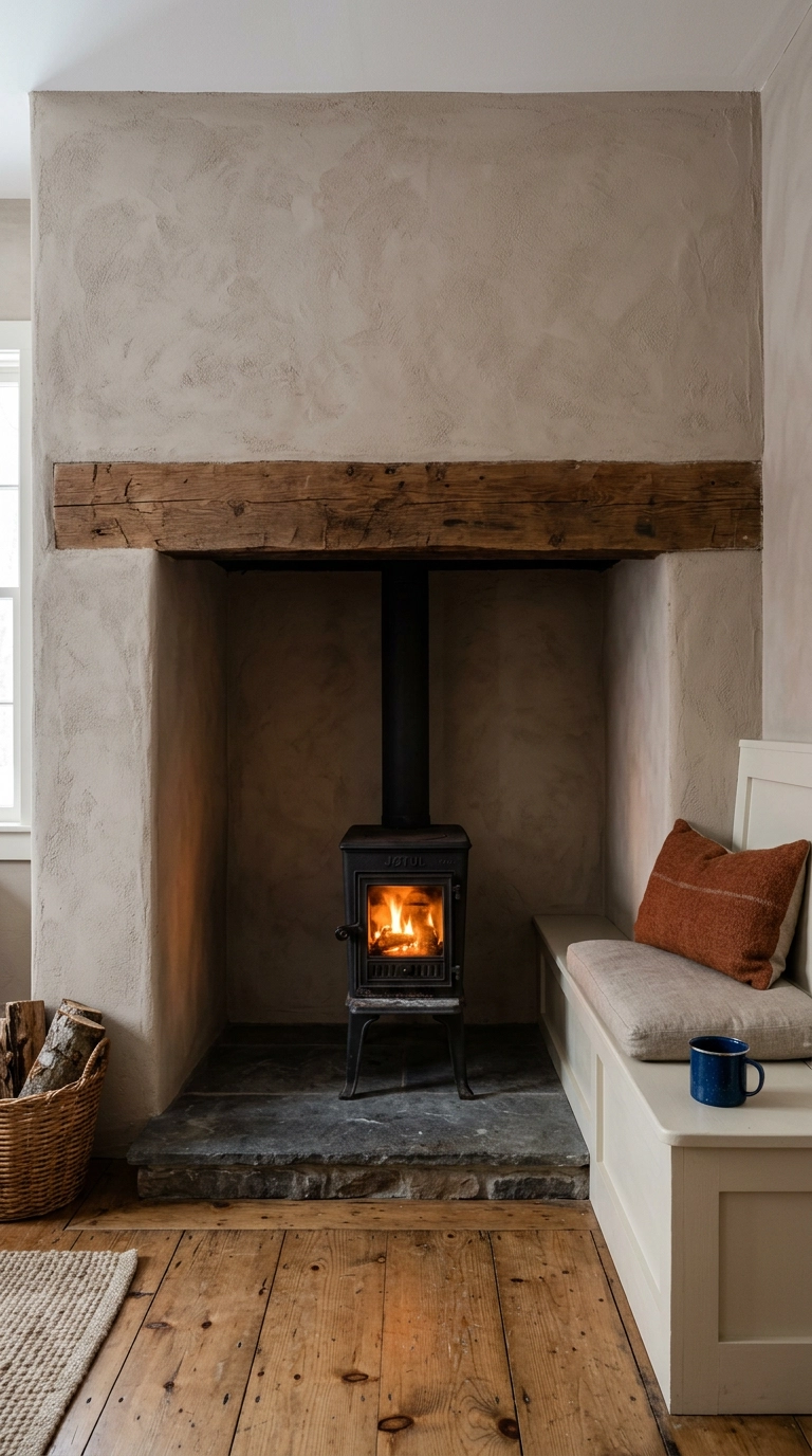 Built-in bench seat inside a plaster inglenook nook beside a small black log burner