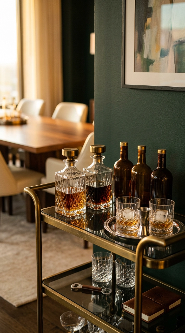 Brass bar cart with crystal decanters and amber glassware on dark green walls