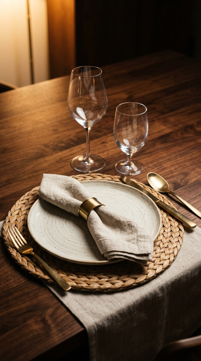 Layered place setting with woven charger, linen napkin, and brass flatware
