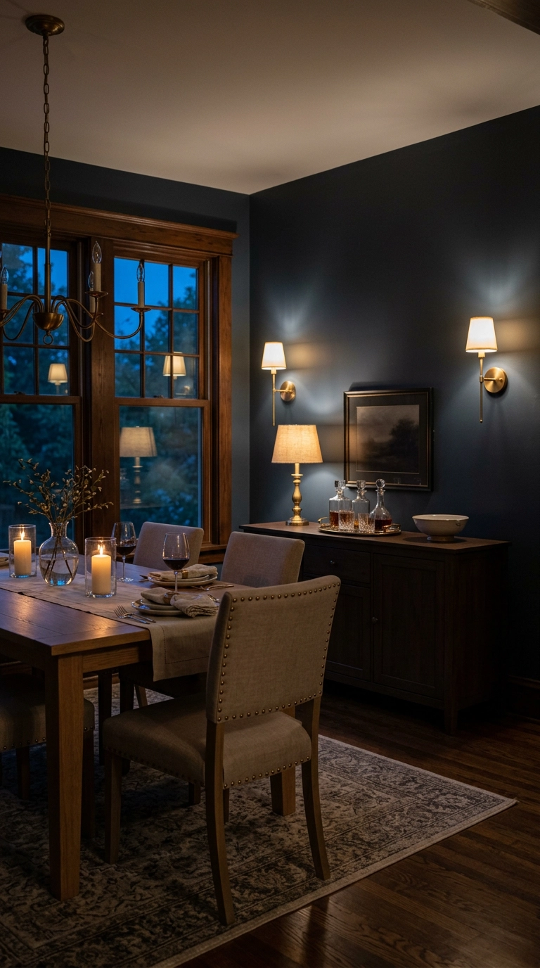 Dining room lit by brass sconces, a small lamp, and a dimmed chandelier