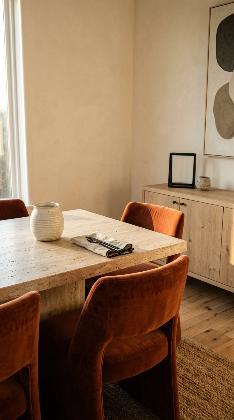 Rust velvet chairs with a travertine table and raw oak sideboard