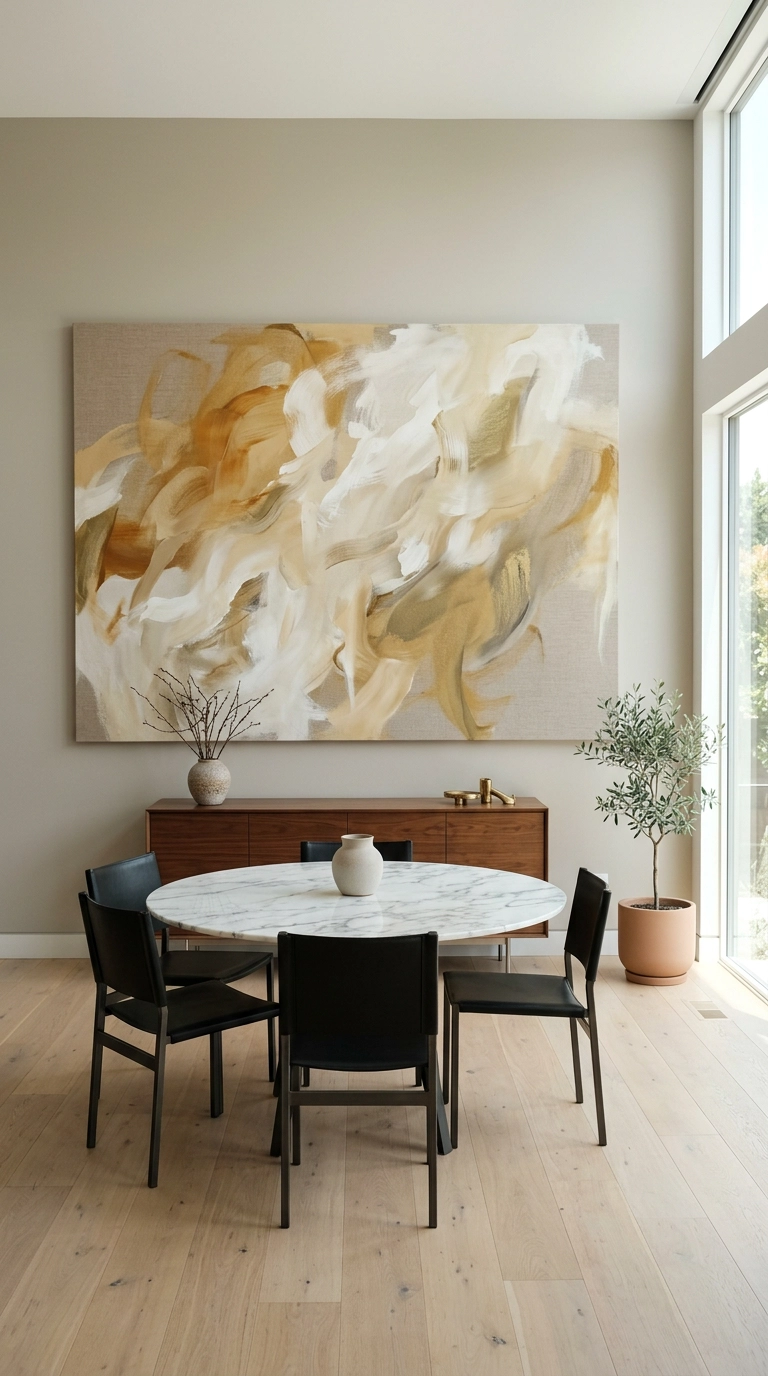 Large abstract ochre painting dominating the wall behind a dining console
