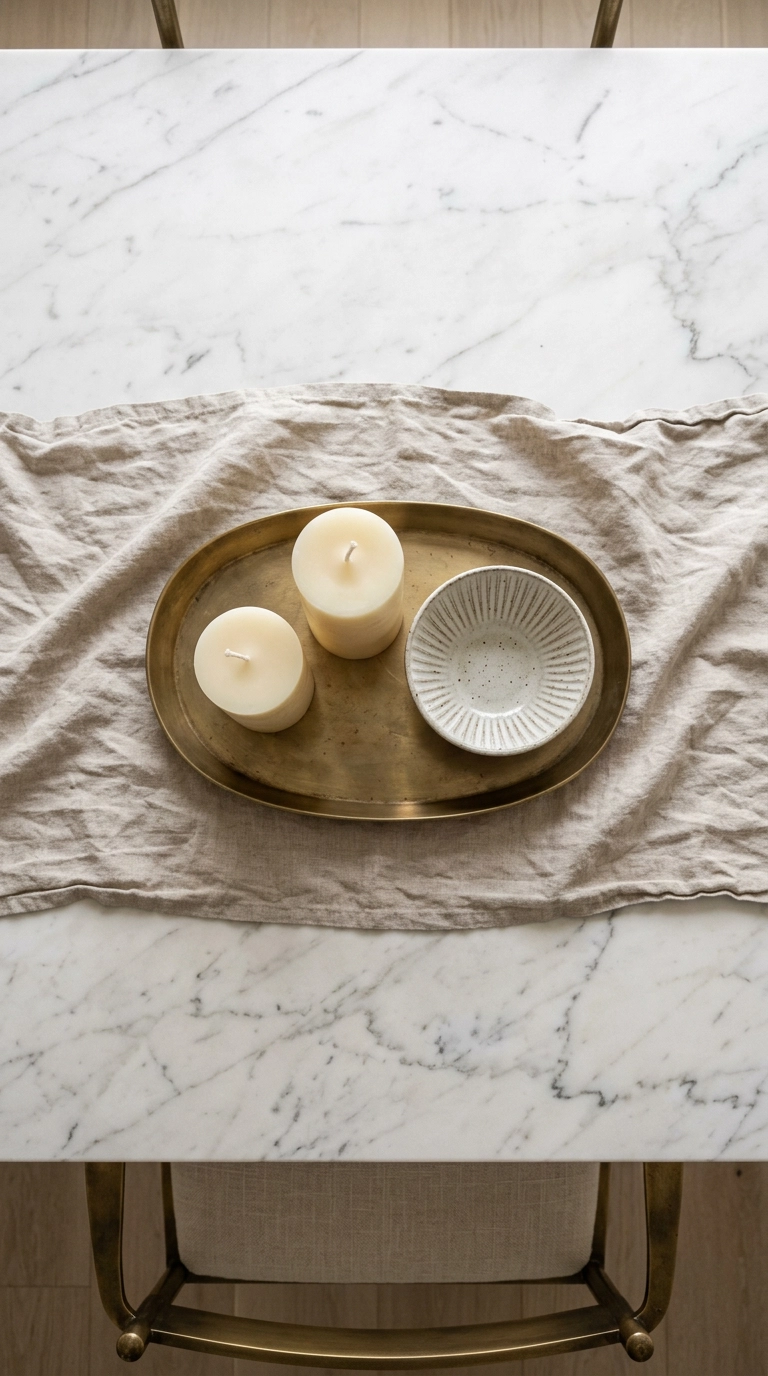 Low brass tray centerpiece with ivory candles on a marble dining table