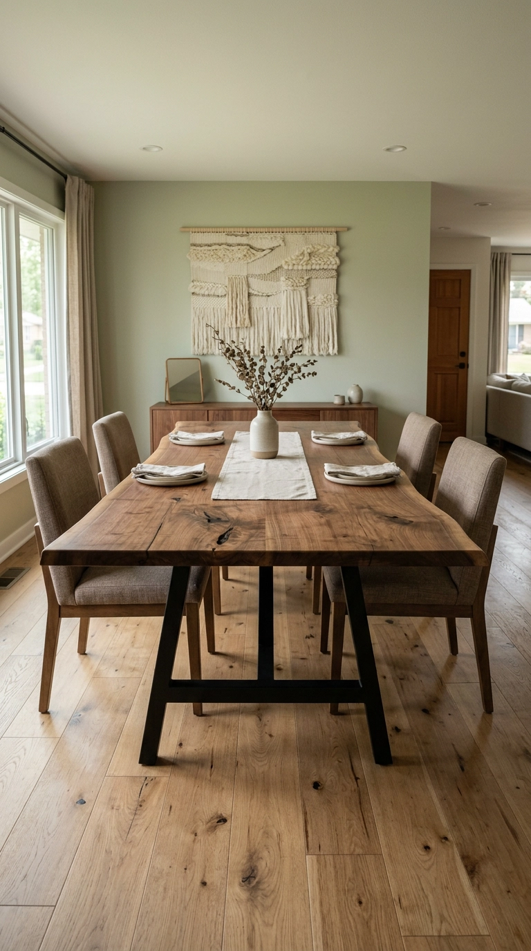 Live-edge walnut slab dining table with black steel legs and taupe linen chairs