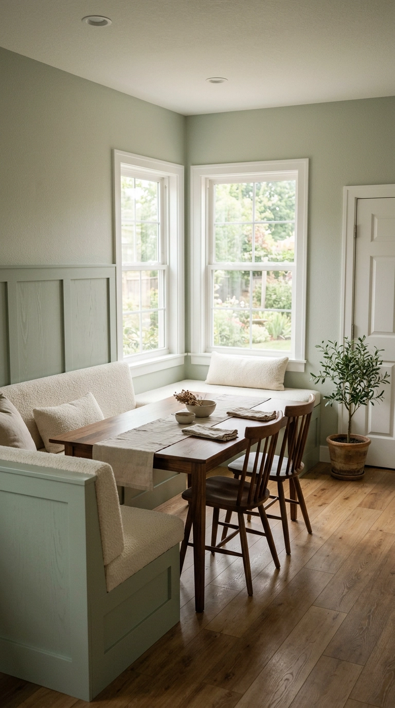 L-shaped ivory boucle banquette with a walnut table and spindle chairs