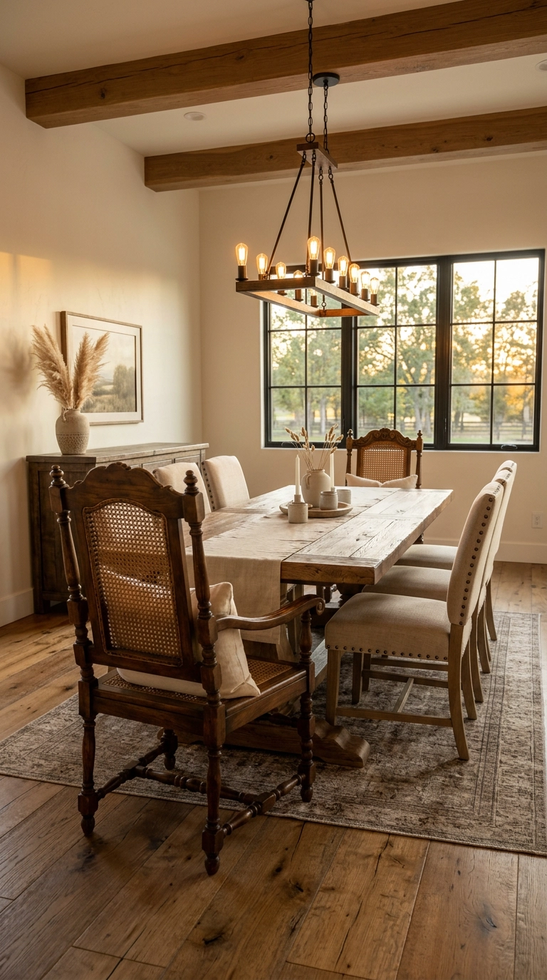 Carved walnut host chairs with cane backs at the head of a long farmhouse table