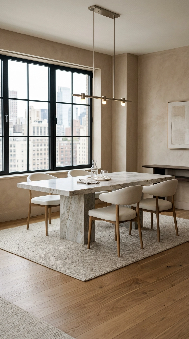 Honed marble dining table with soft grey veining and white leather chairs