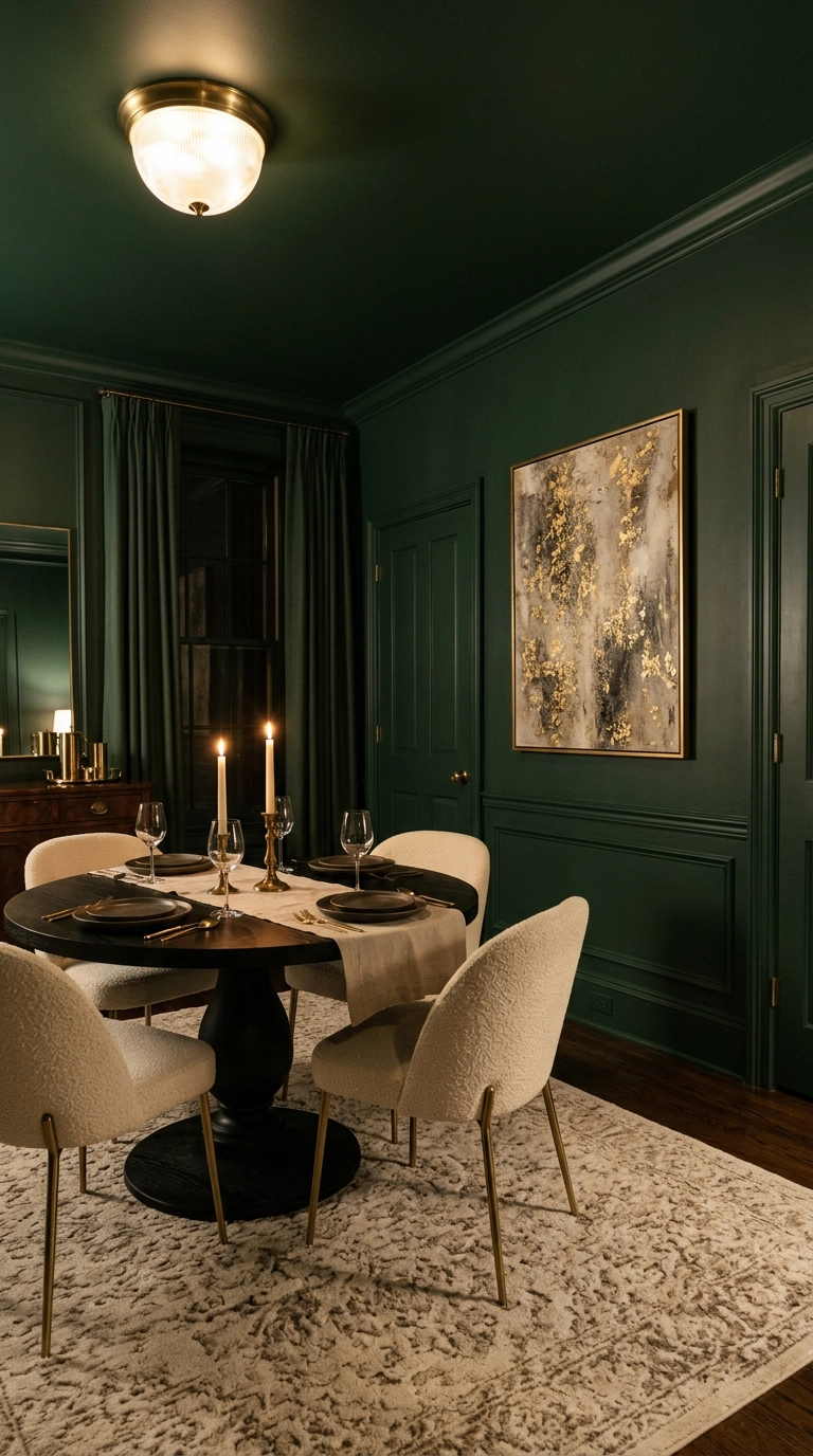 Deep forest green color-drenched dining room with cream boucle chairs