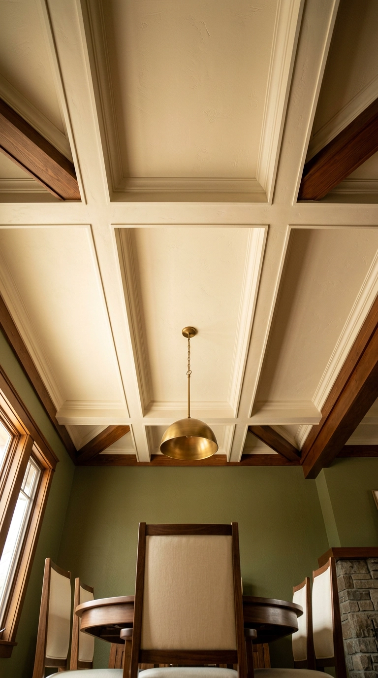 Coffered bone white ceiling with a brass dome pendant in a dining room