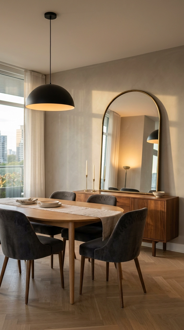 Oversized arched brass mirror leaning behind a walnut dining room sideboard