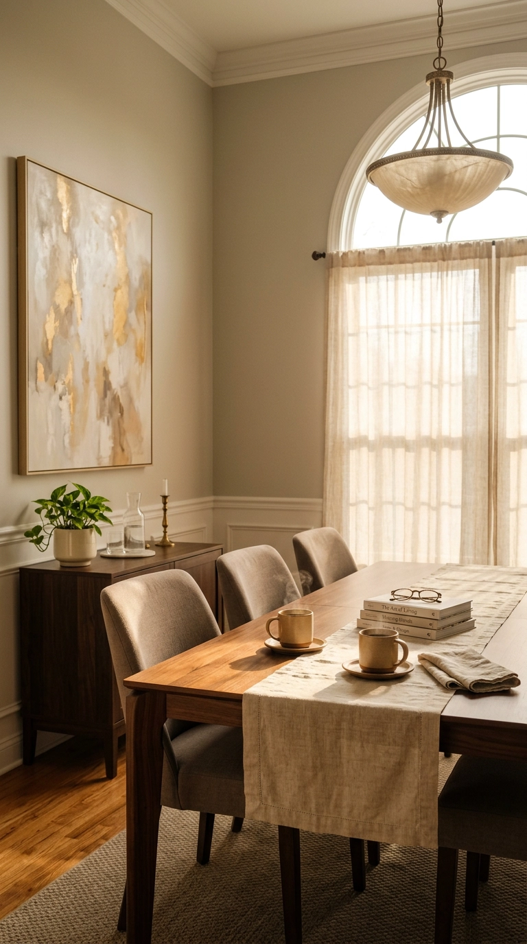 Dining room styled for daily use with a linen runner and morning mugs