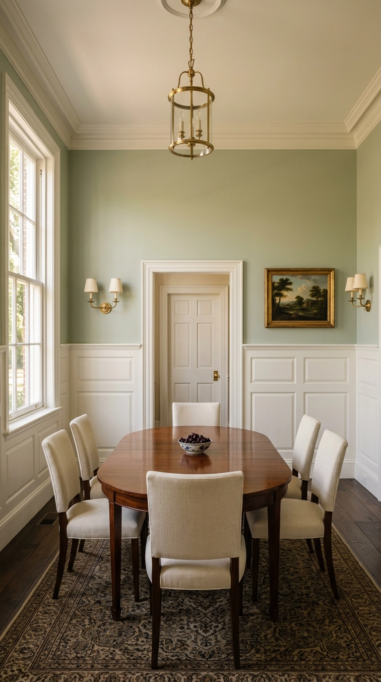 White wainscoting with sage green walls above and brass sconces