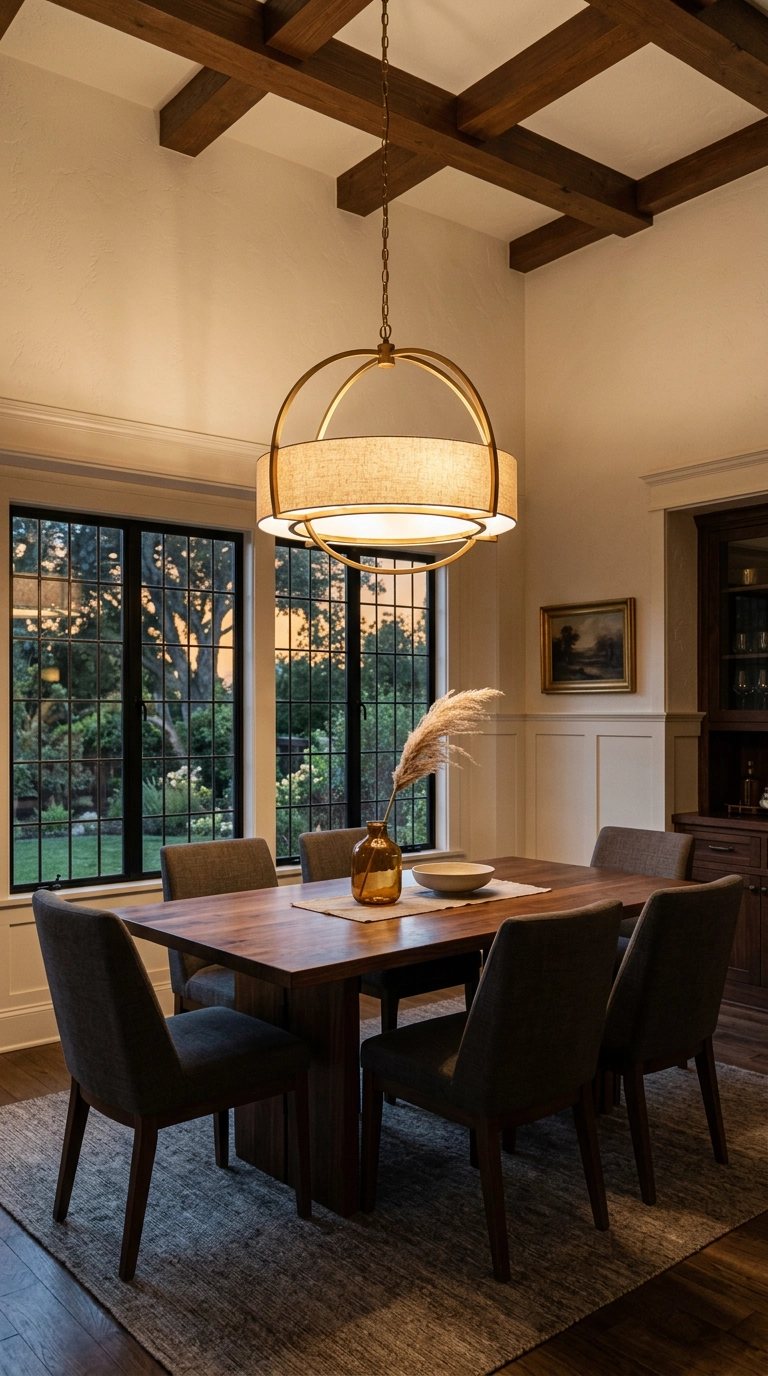 Brass ring chandelier glowing over a walnut dining table with charcoal linen chairs