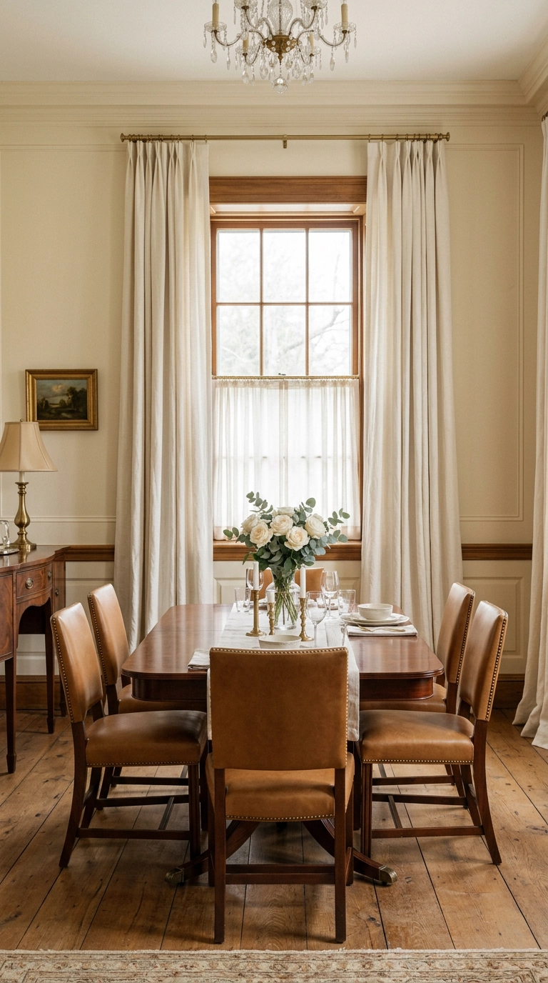 Floor-length ivory linen curtains hung high on a brass rod in a dining room