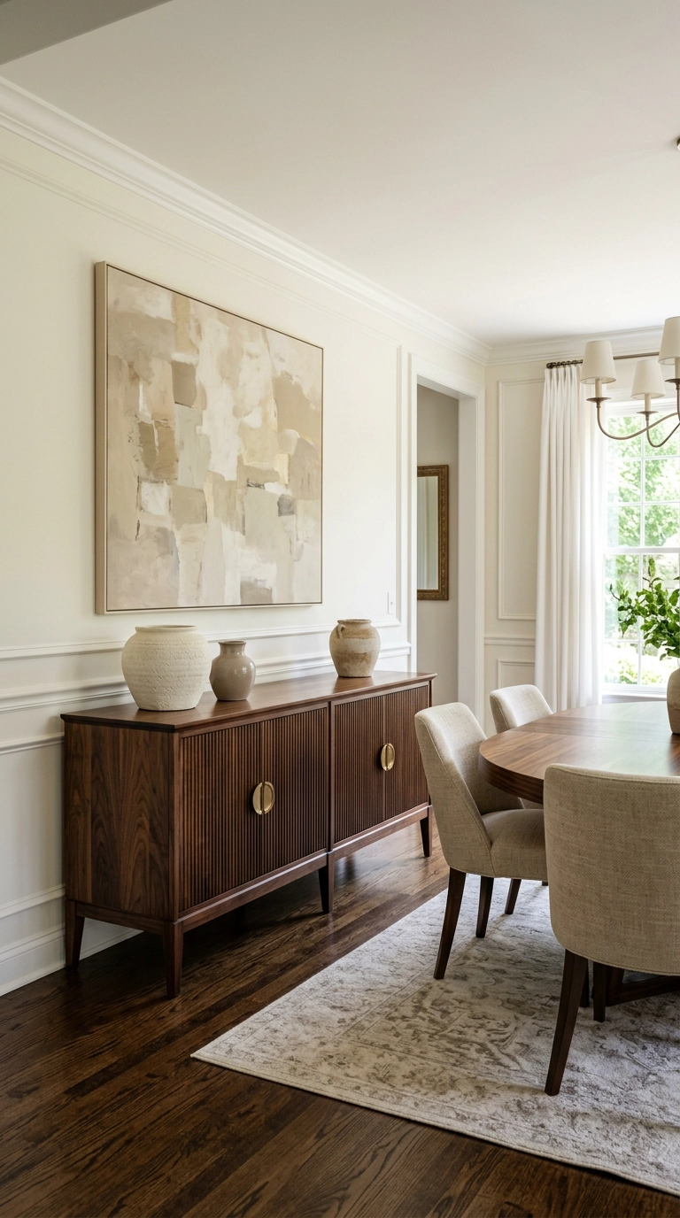 Fluted walnut sideboard with brass pulls styled with three ceramic vessels