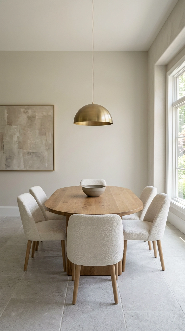 Brushed brass dome pendant centered over an oval white oak dining table
