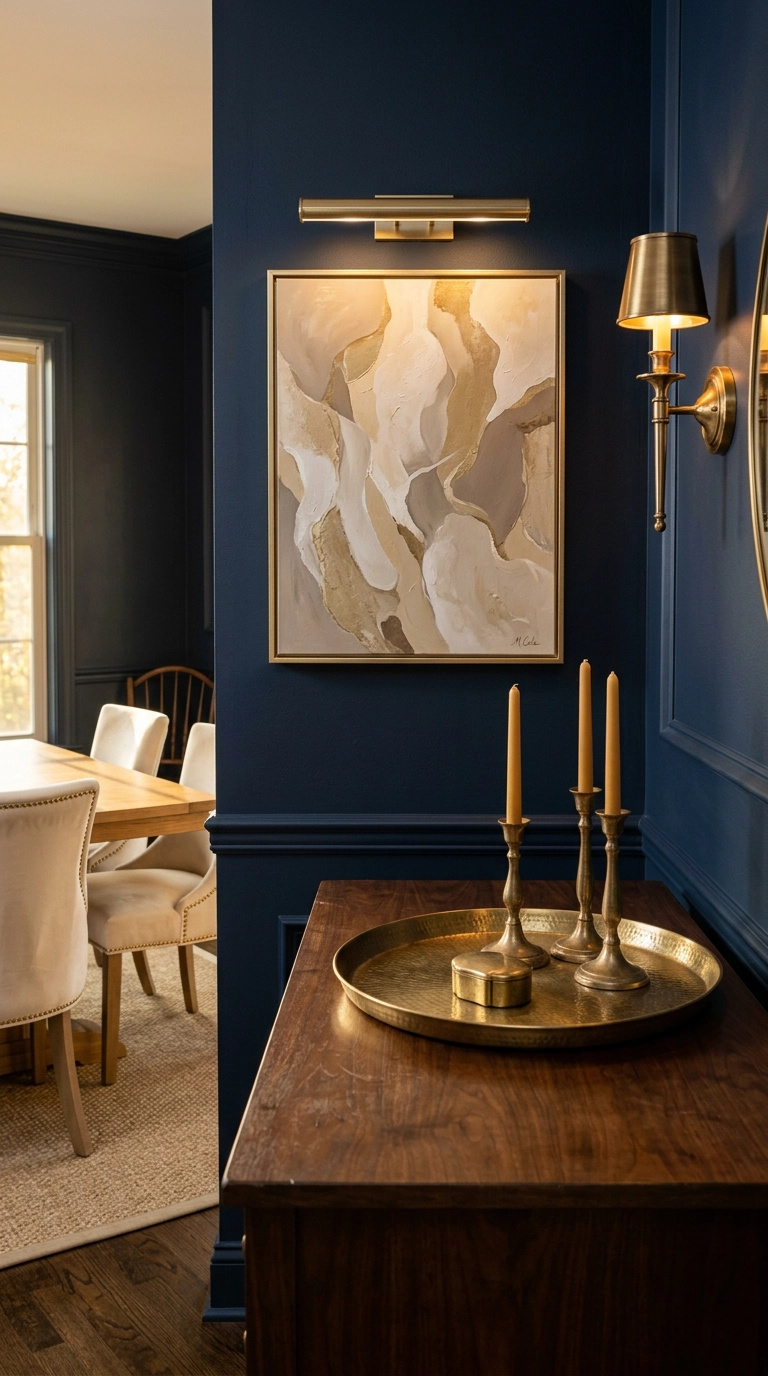 Brushed brass sconce, picture light, and tray repeated in a navy dining room