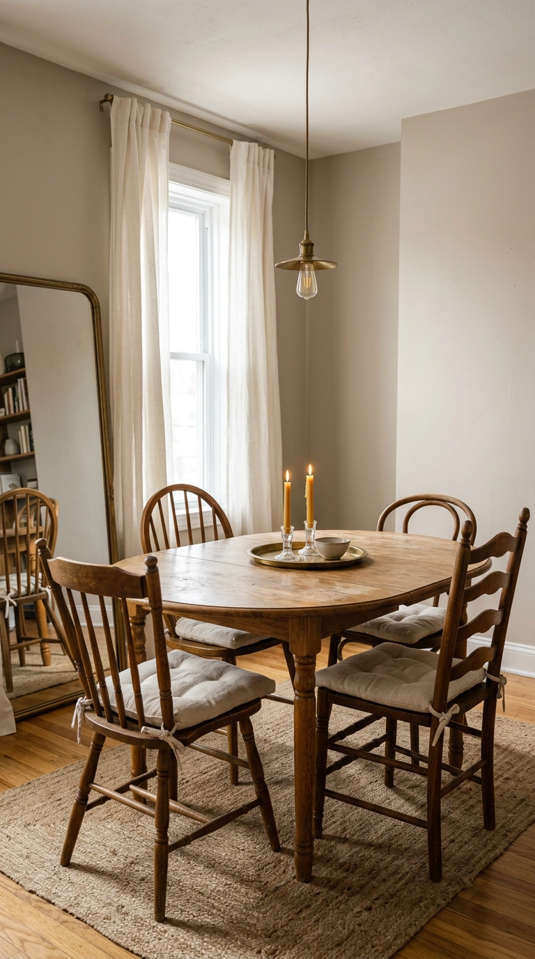 Budget dining room with thrifted oak table, leaning mirror, and high curtains