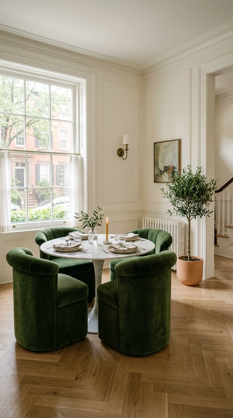 Deep green velvet upholstered dining chairs around a round marble table