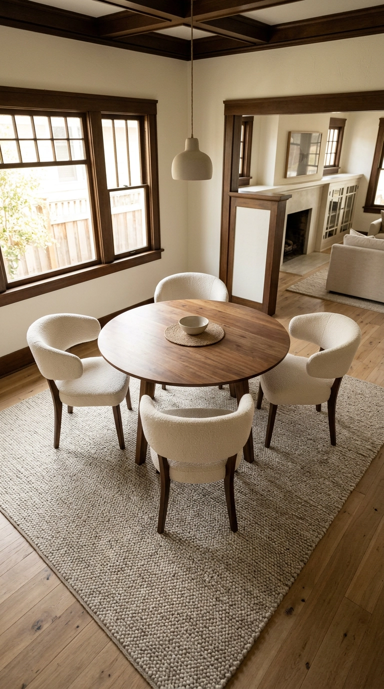 Large oatmeal wool rug sized so all dining chairs sit fully on it