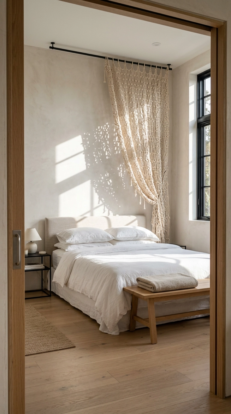 Open-weave knotted rope curtain over a tall casement window casting patterned shadows