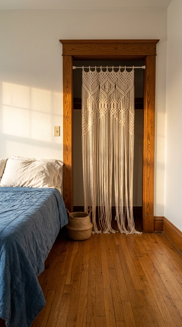 Knotted cotton rope curtain hanging in a doorless closet opening in a bungalow bedroom