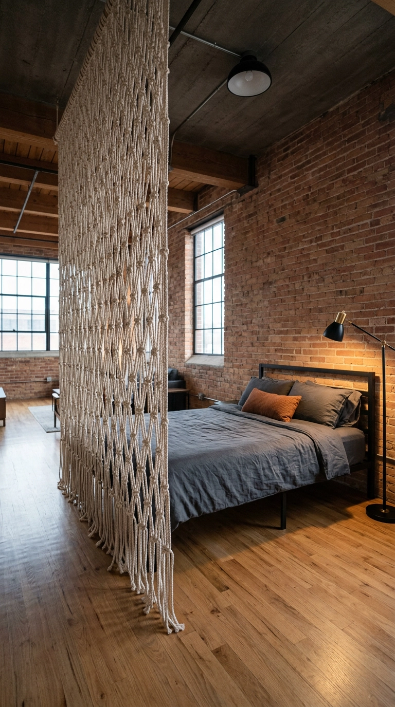 Floor-to-ceiling knotted cotton rope screen dividing a loft sleeping area from the living space