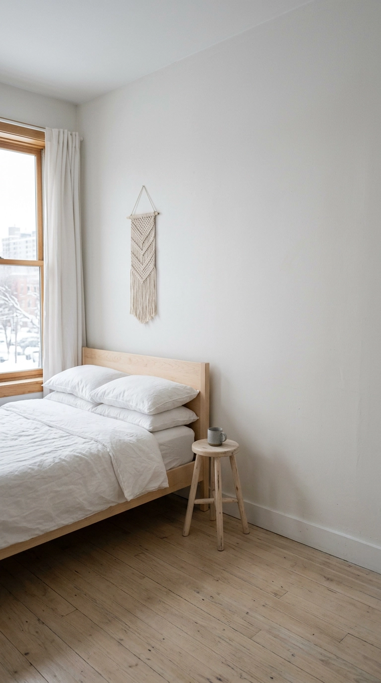 Small knotted rope wall piece hung off-center on a bare white wall in a Scandinavian bedroom